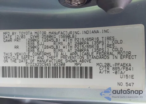 2004 Toyota Sienna Le z USA, uszkodzony, nr VIN 5TDZA23C94S103300